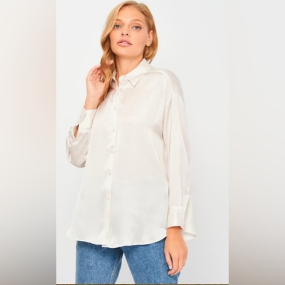 Zara cream polyester blend silky feel button dwn slim long sleeve dress shirt XS - Picture 1 of 5